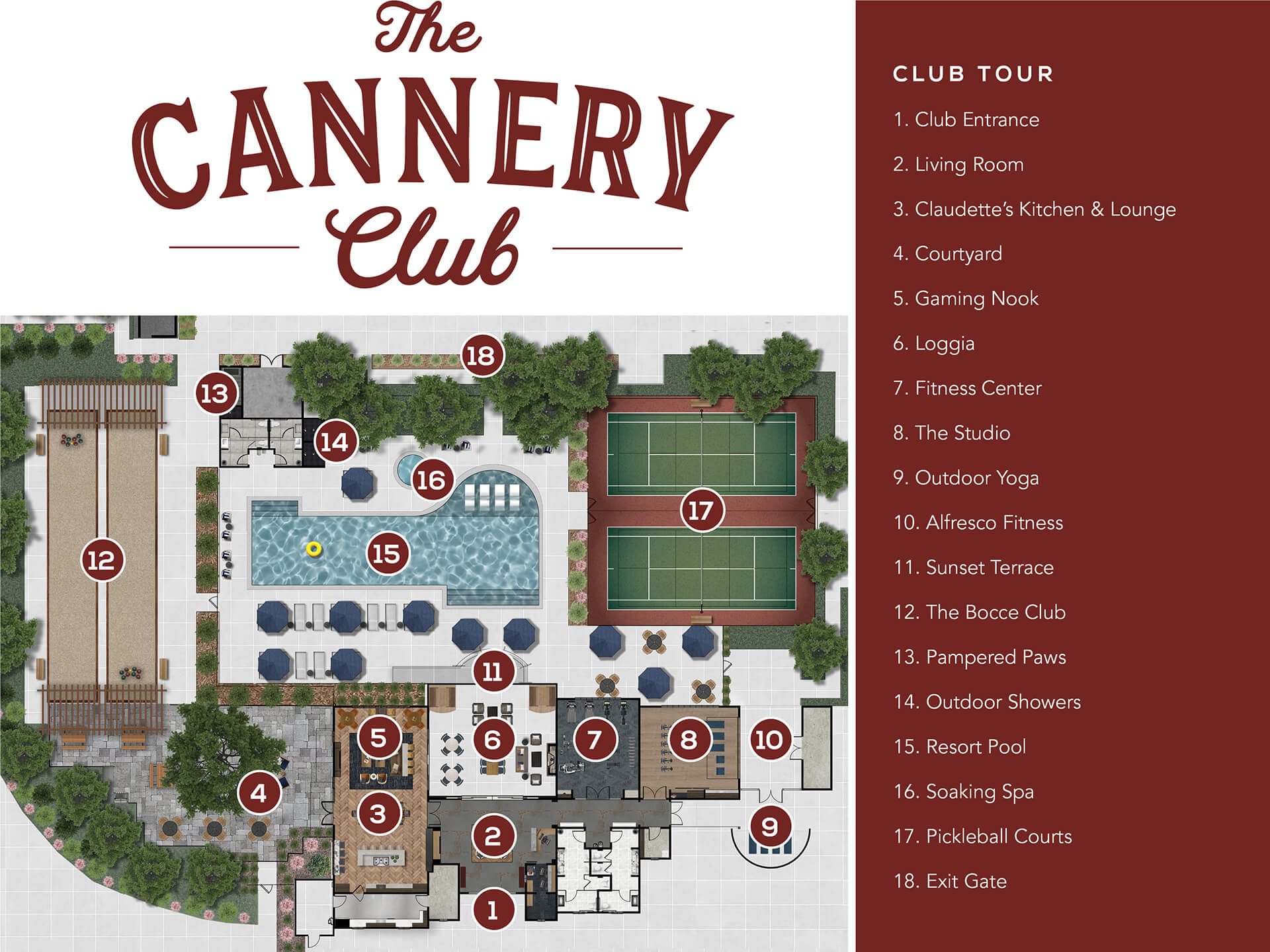The Cannery Club - map showing living room, kitchen and fitness on the bottom and bocce, pool and pickball courts on the top.